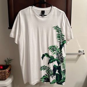 H&M White T-Shirt w/ Green Leaf Pattern